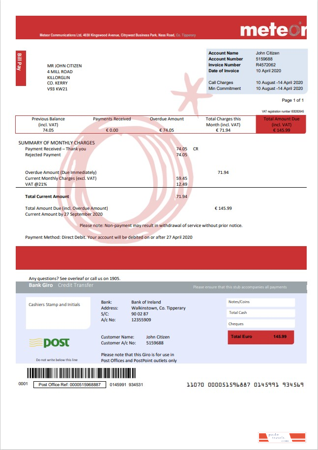 Ireland Meteor utility bill template in Word and PDF format